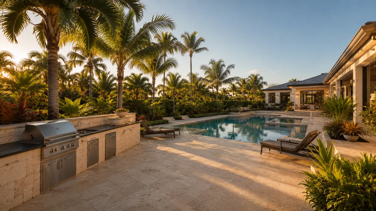 Luxury South Florida backyard with a travertine pool deck, outdoor kitchen, and tropical planting designed and built by Greene & Stone Outdoor