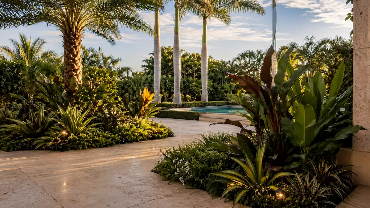 Sustainable South Florida outdoor living space with Florida-friendly planting and natural stone designed by Greene & Stone Outdoor
