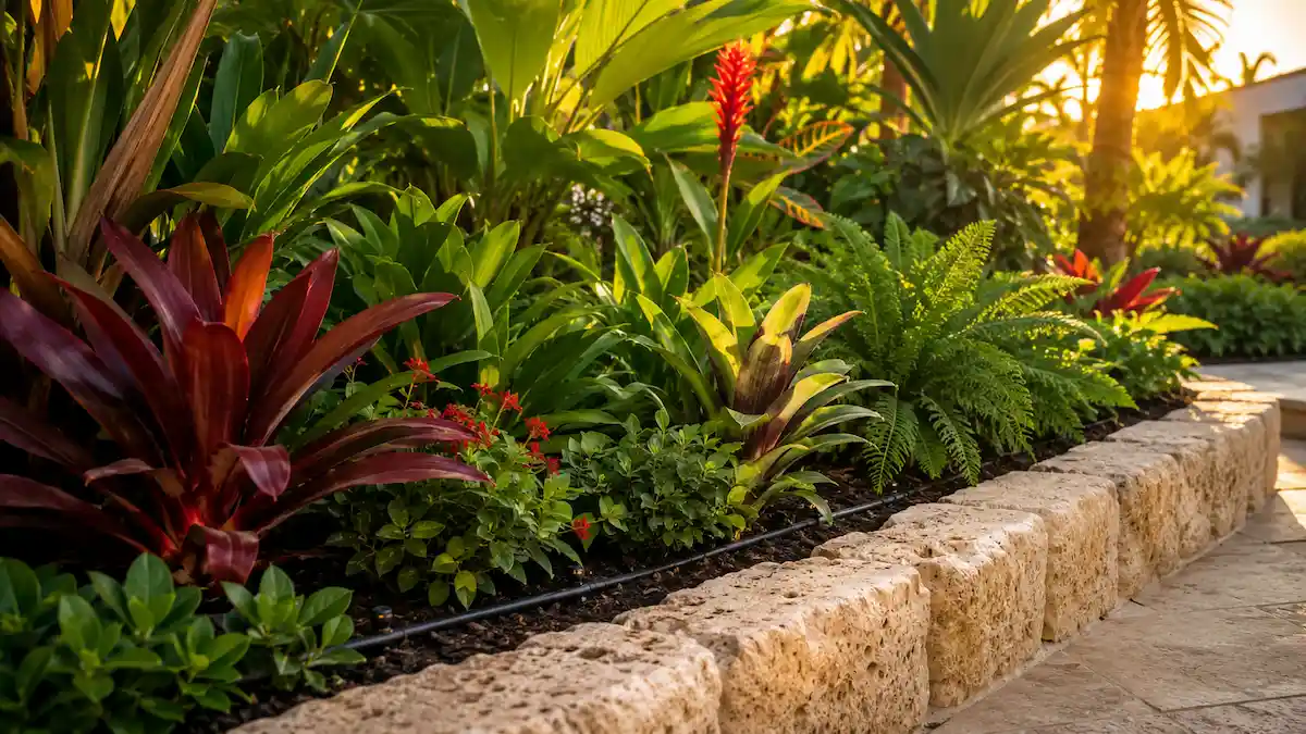 South Florida landscape with healthy planting served by a zoned smart irrigation system designed by Greene & Stone Outdoor