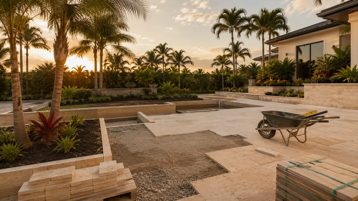 Hardscape and planting taking shape during a landscape design-build project in South Dade, Florida